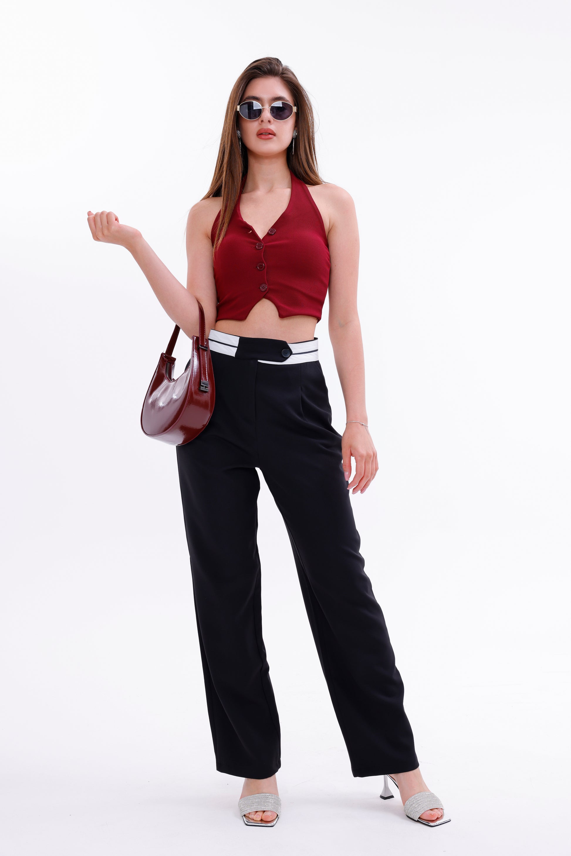 Boyundan Askılı Bordo Crop Yelek