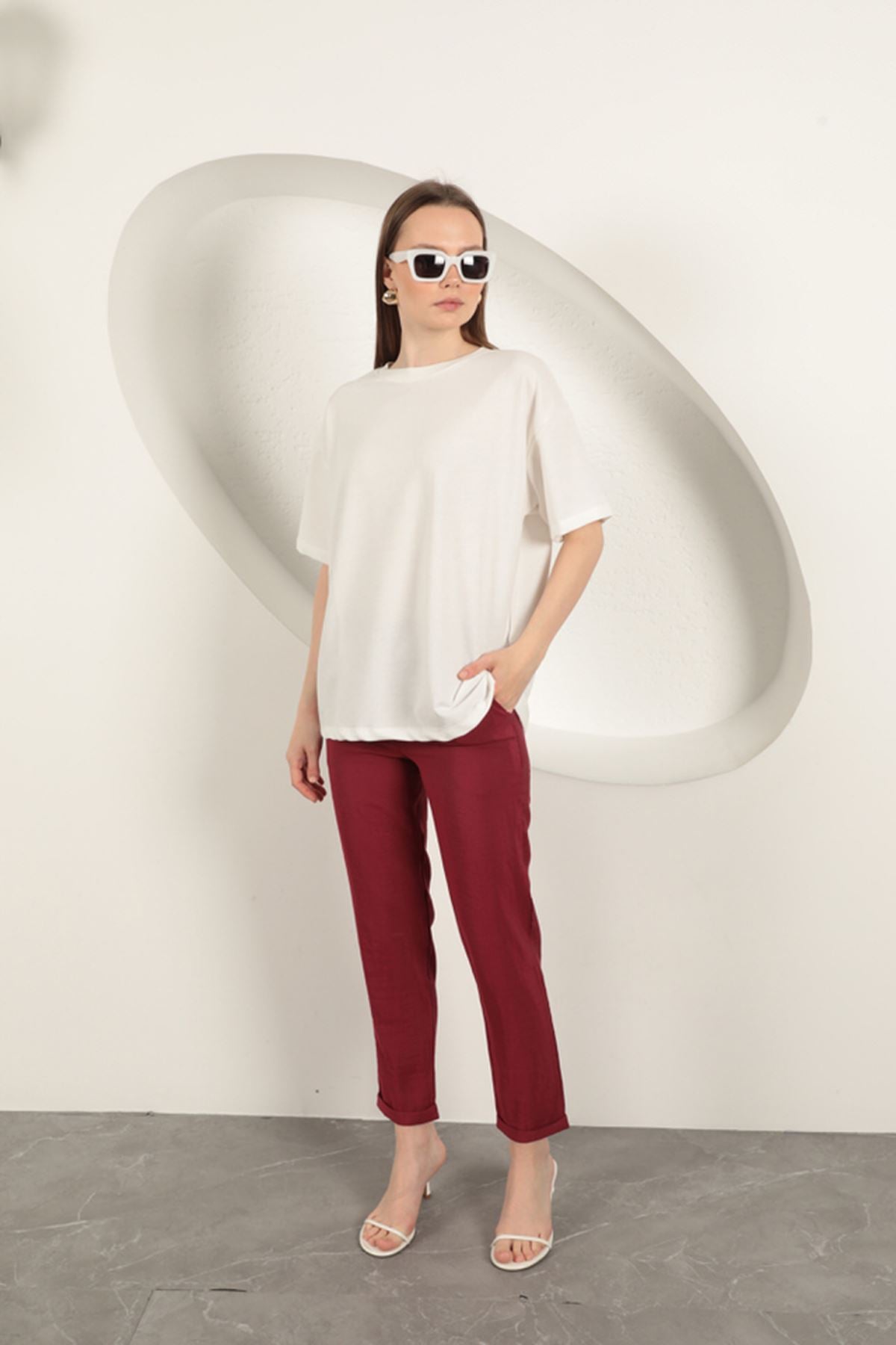 Sıfır Yaka Oversize Kadın Tişört-Ekru