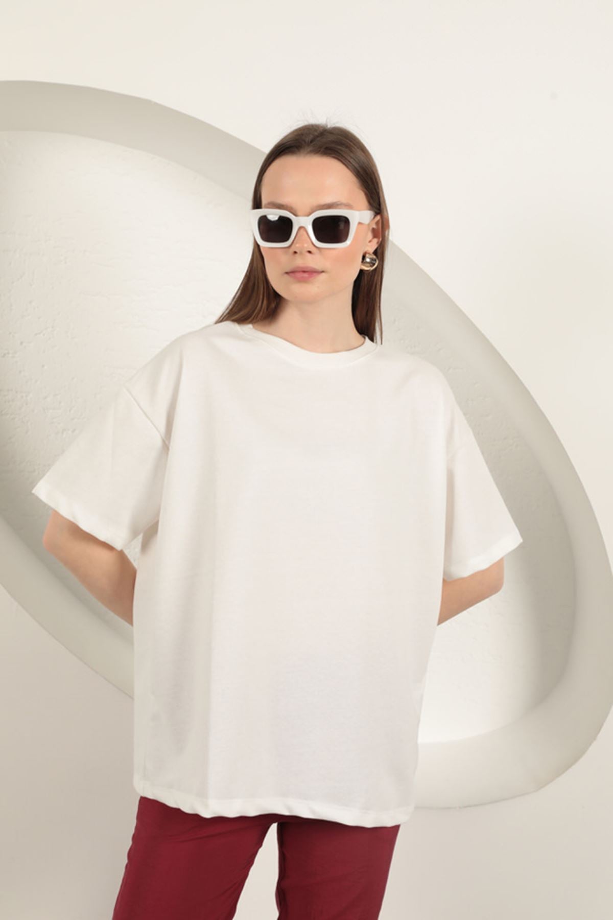 Sıfır Yaka Oversize Kadın Tişört-Ekru