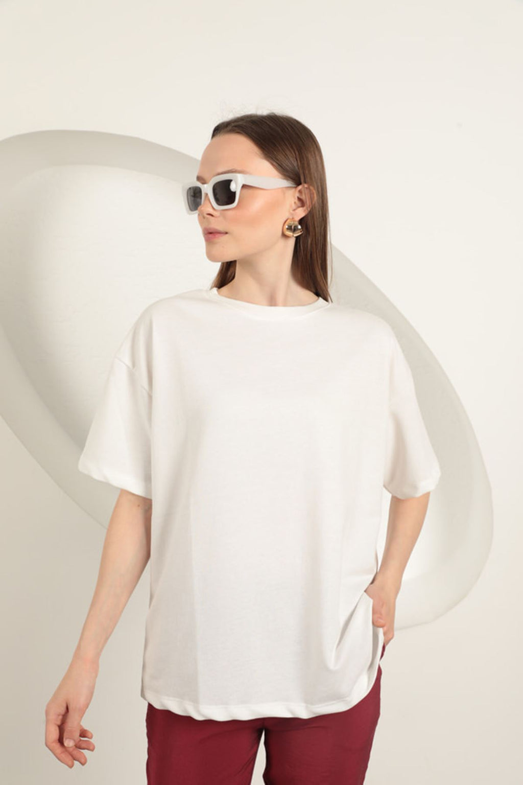 Sıfır Yaka Oversize Kadın Tişört-Ekru