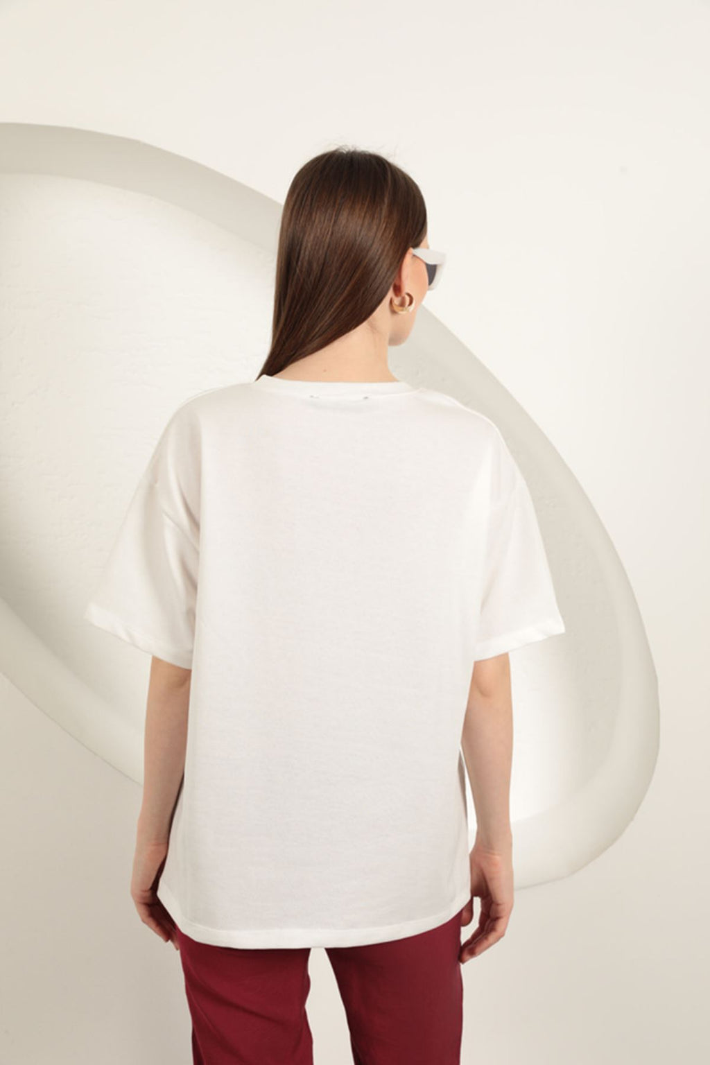 Sıfır Yaka Oversize Kadın Tişört-Ekru