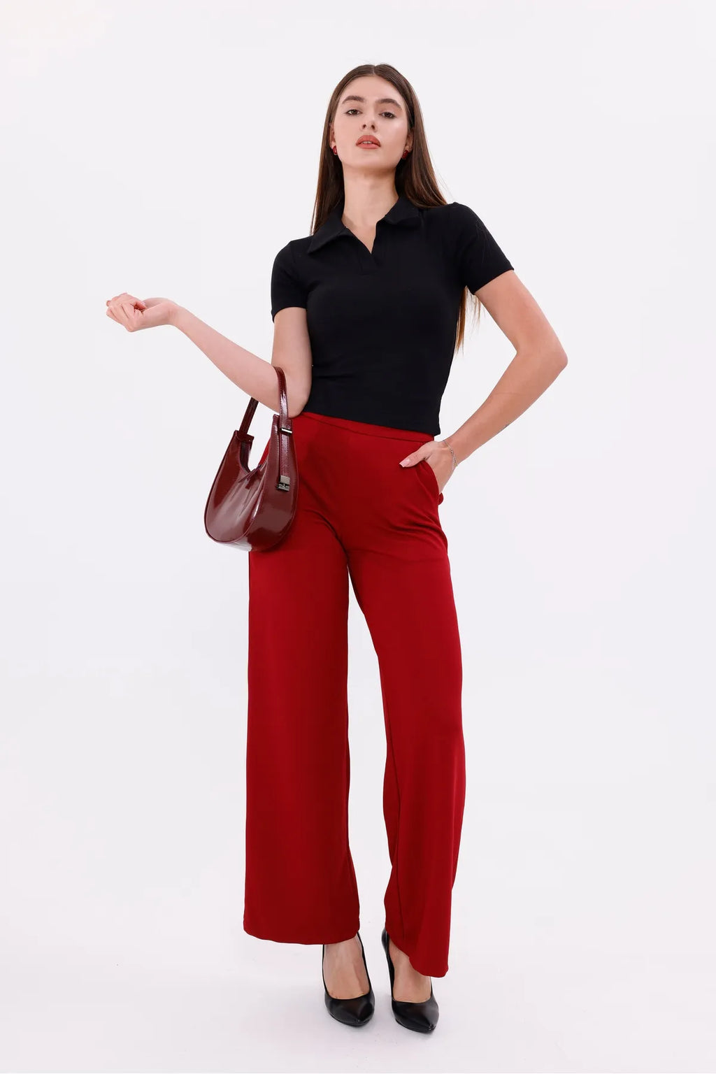 Sarte Royal Kadın Siyah Düğmesiz Polo Yaka Tshirt-SRT5004