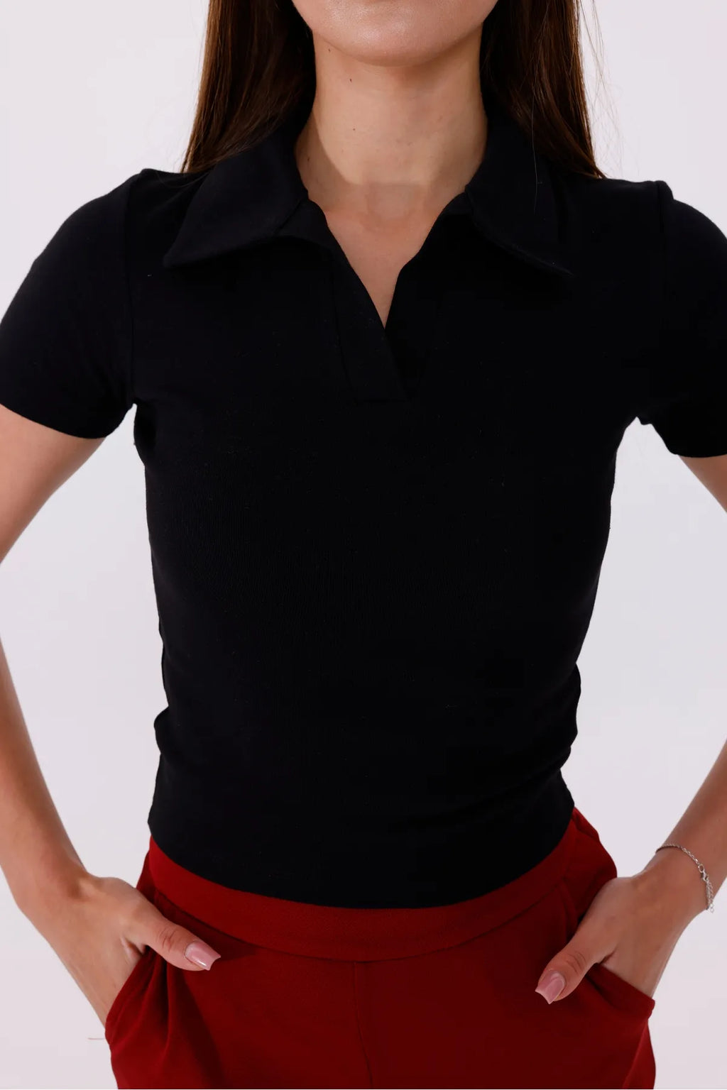 Sarte Royal Kadın Siyah Düğmesiz Polo Yaka Tshirt-SRT5004