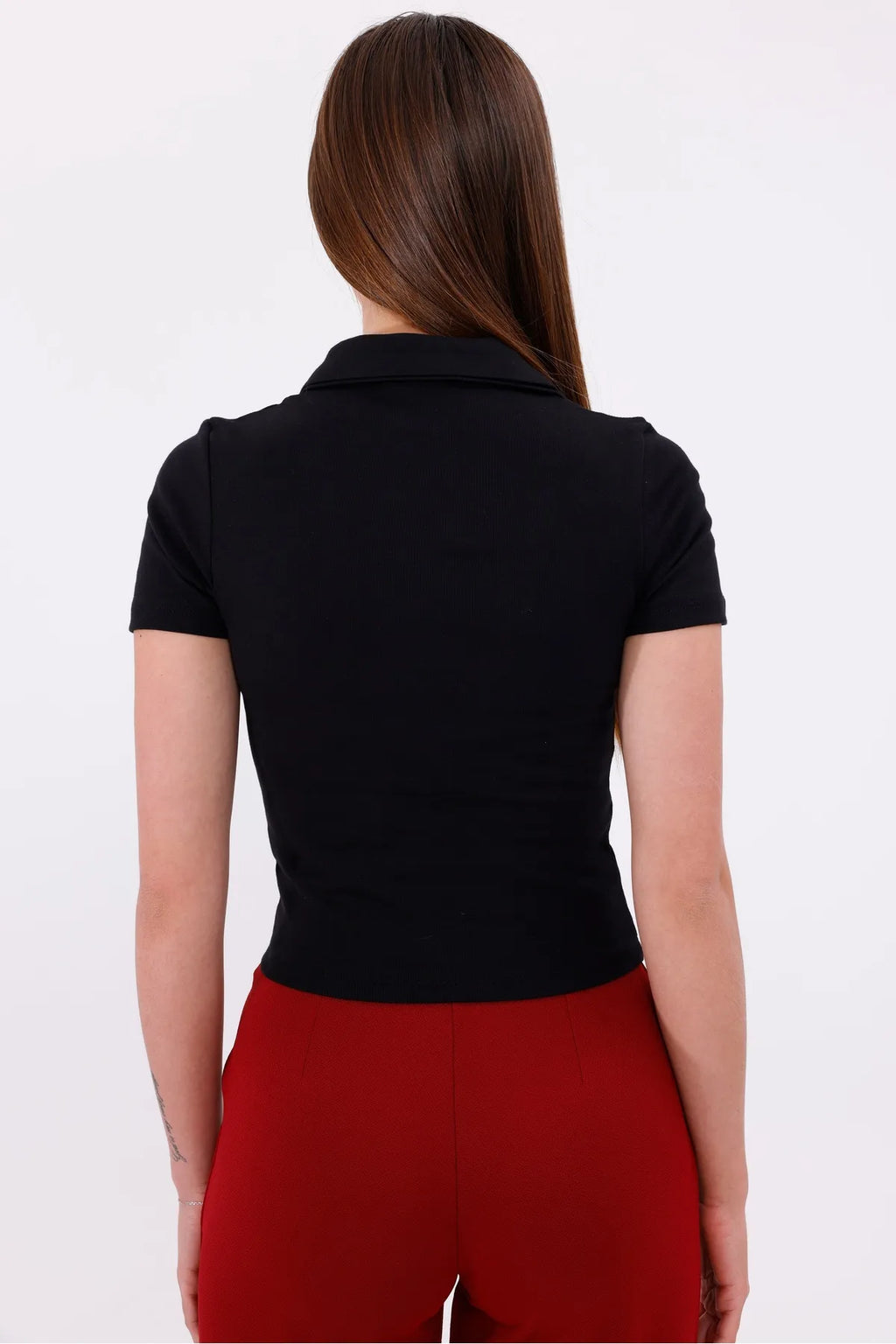 Sarte Royal Kadın Siyah Düğmesiz Polo Yaka Tshirt-SRT5004