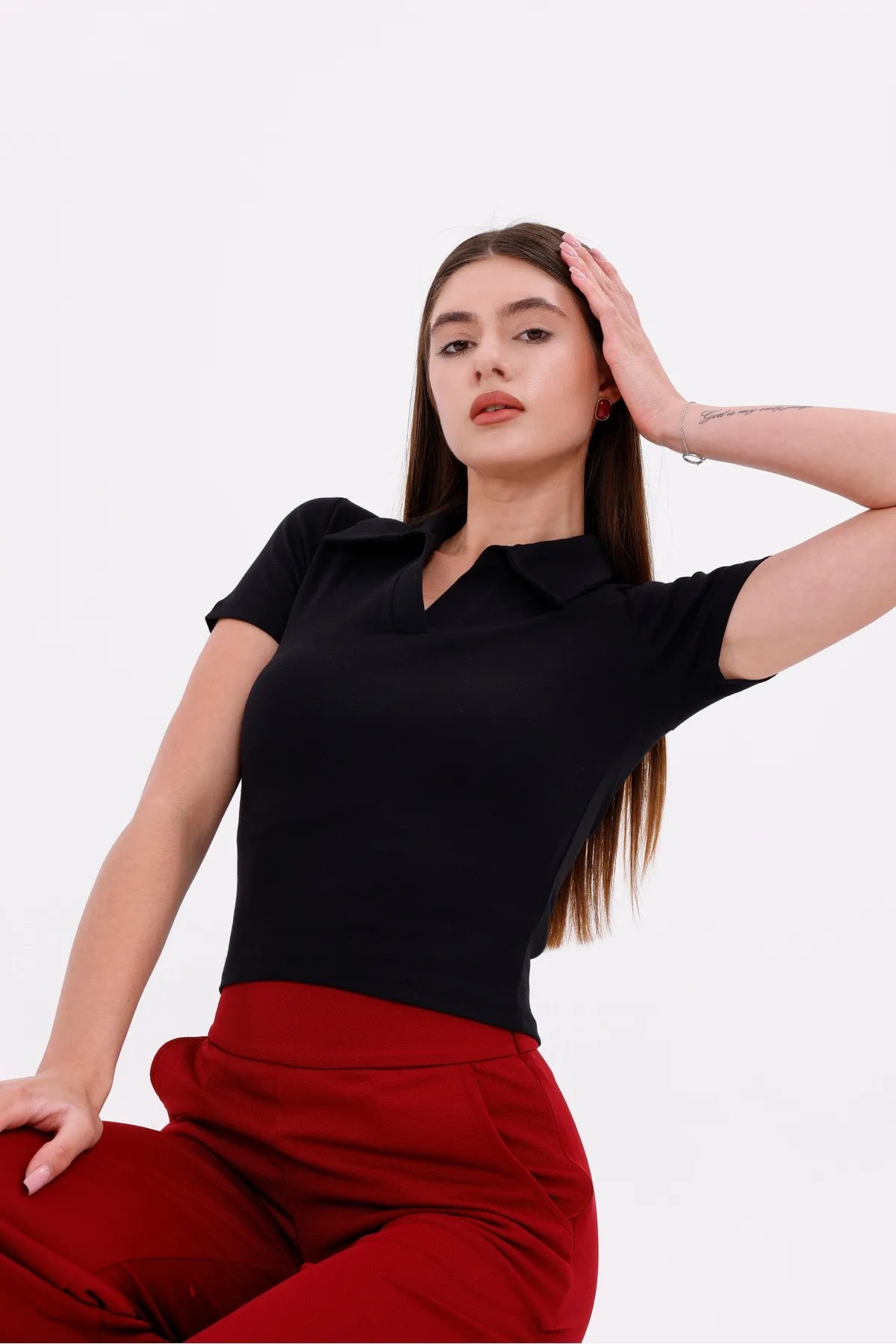 Sarte Royal Kadın Ekru Düğmesiz Polo Yaka Tshirt-SRT5003