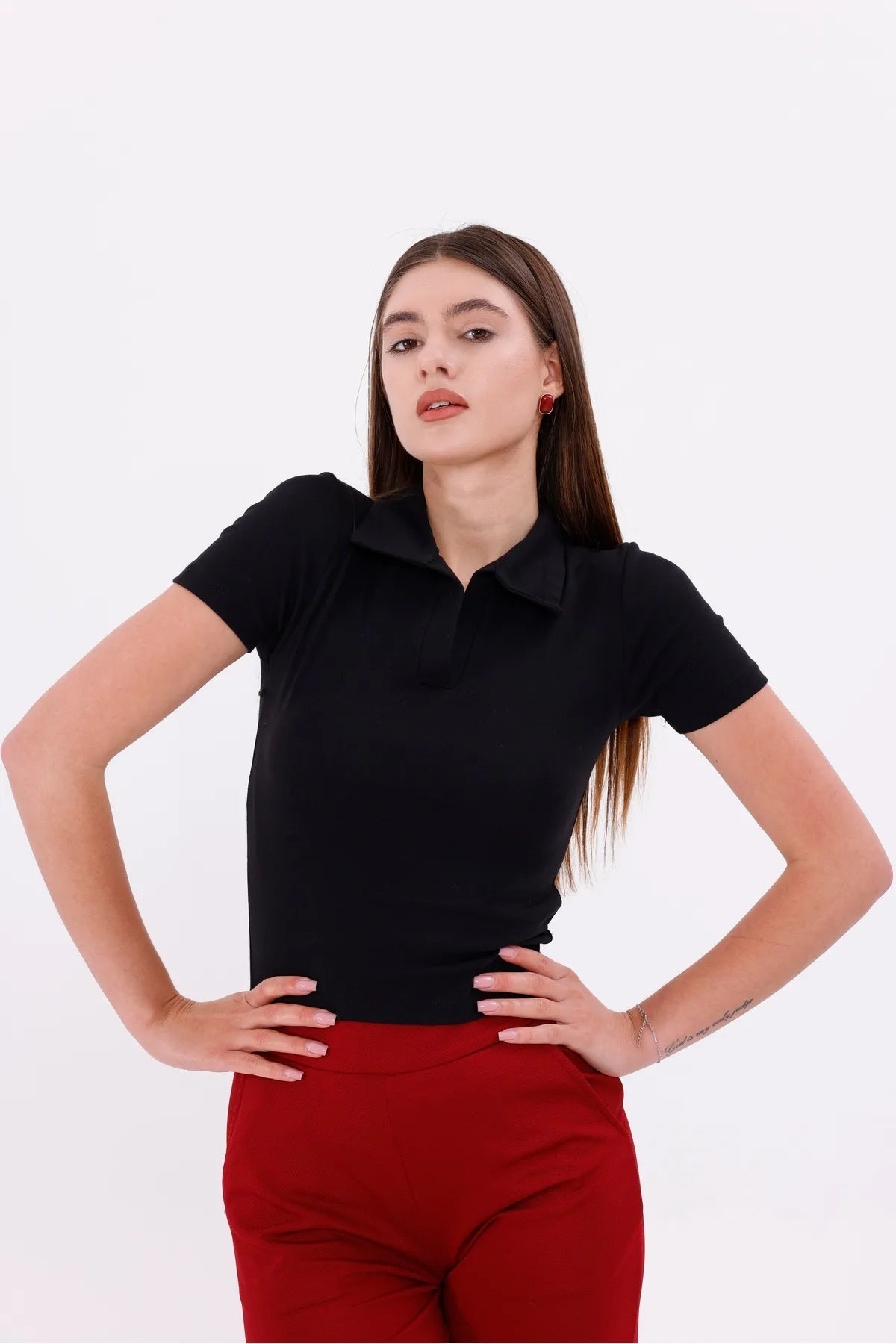 Sarte Royal Kadın Ekru Düğmesiz Polo Yaka Tshirt-SRT5003