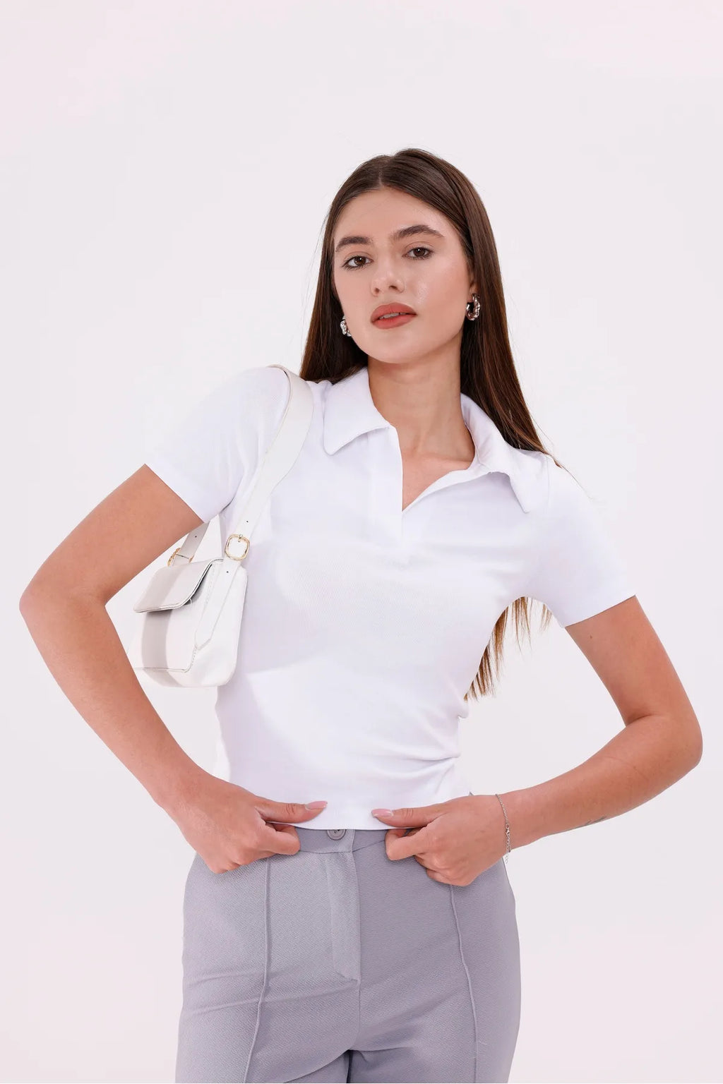 Sarte Royal Kadın Ekru Düğmesiz Polo Yaka Tshirt-SRT5003