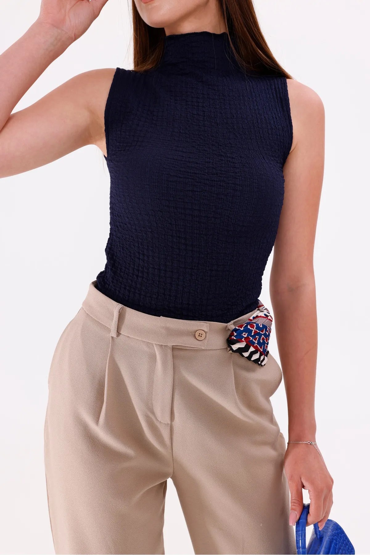 Sarte Royal Kadın Lacivert Kolsuz Bürümcük Bluz