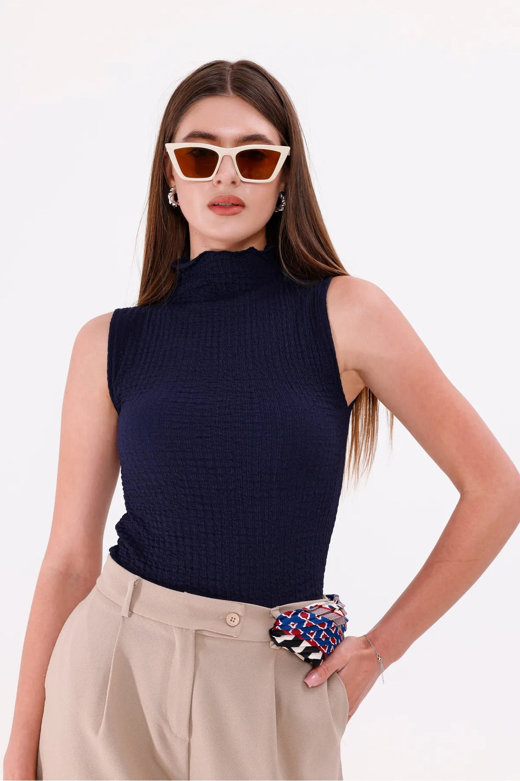 Sarte Royal Kadın Lacivert Kolsuz Bürümcük Bluz