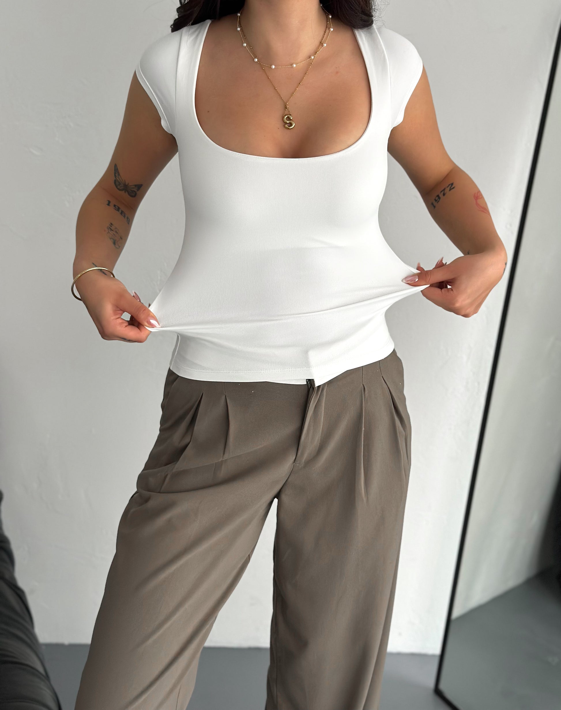 Sarte Royal Kadın Kare Yaka Beyaz Basic Tişört