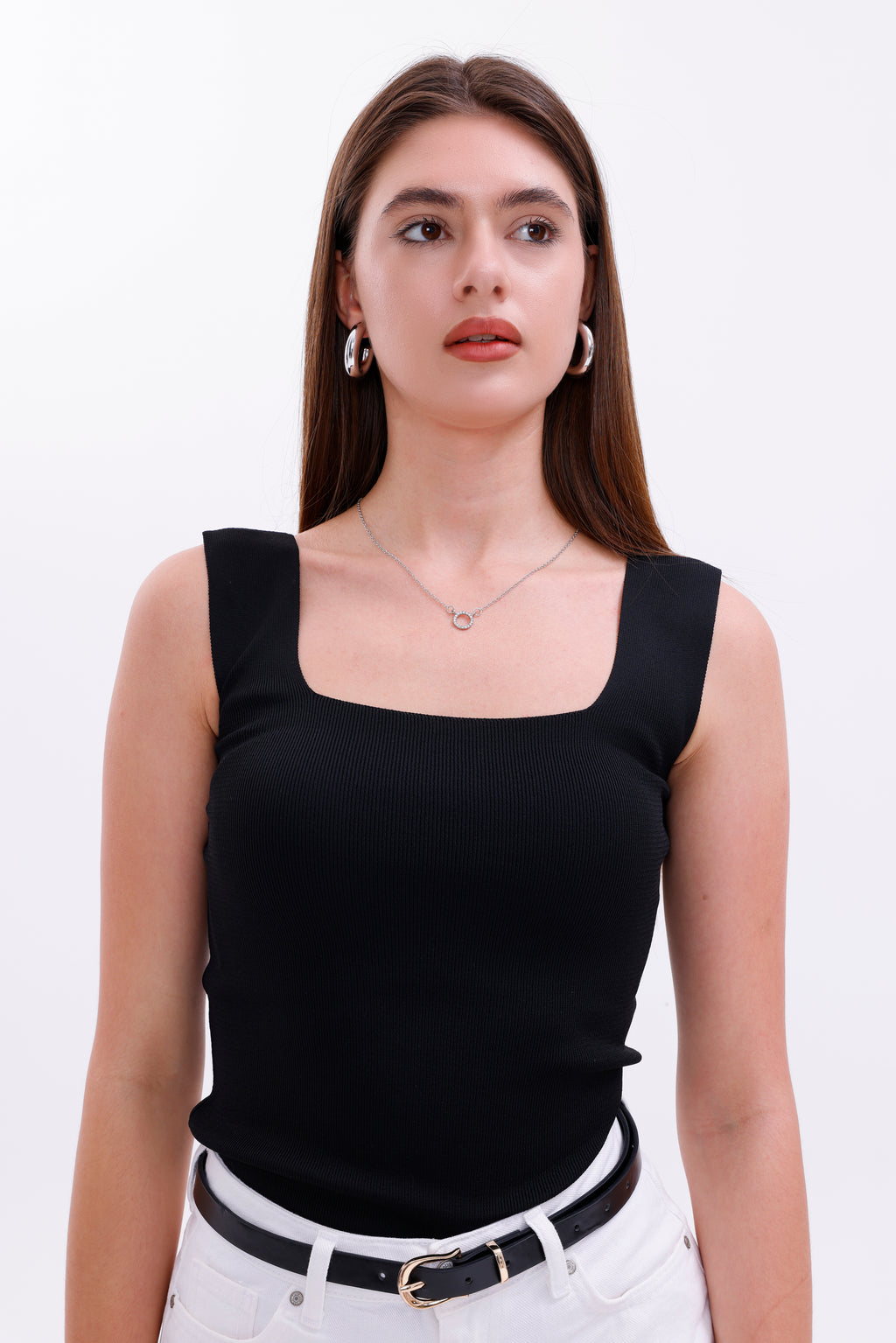 Kadın Siyah Kolsuz Bluz - Kalın Askılı Atlet ince Yazlık Kare Yaka Triko