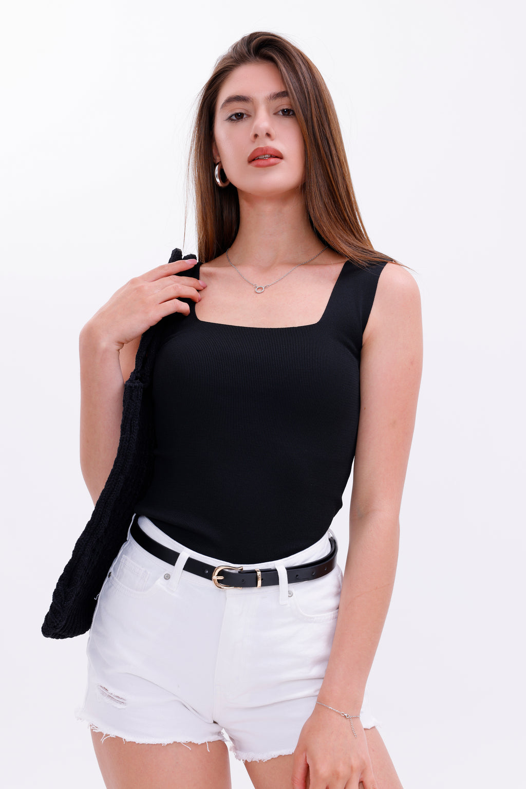 Kadın Siyah Kolsuz Bluz - Kalın Askılı Atlet ince Yazlık Kare Yaka Triko