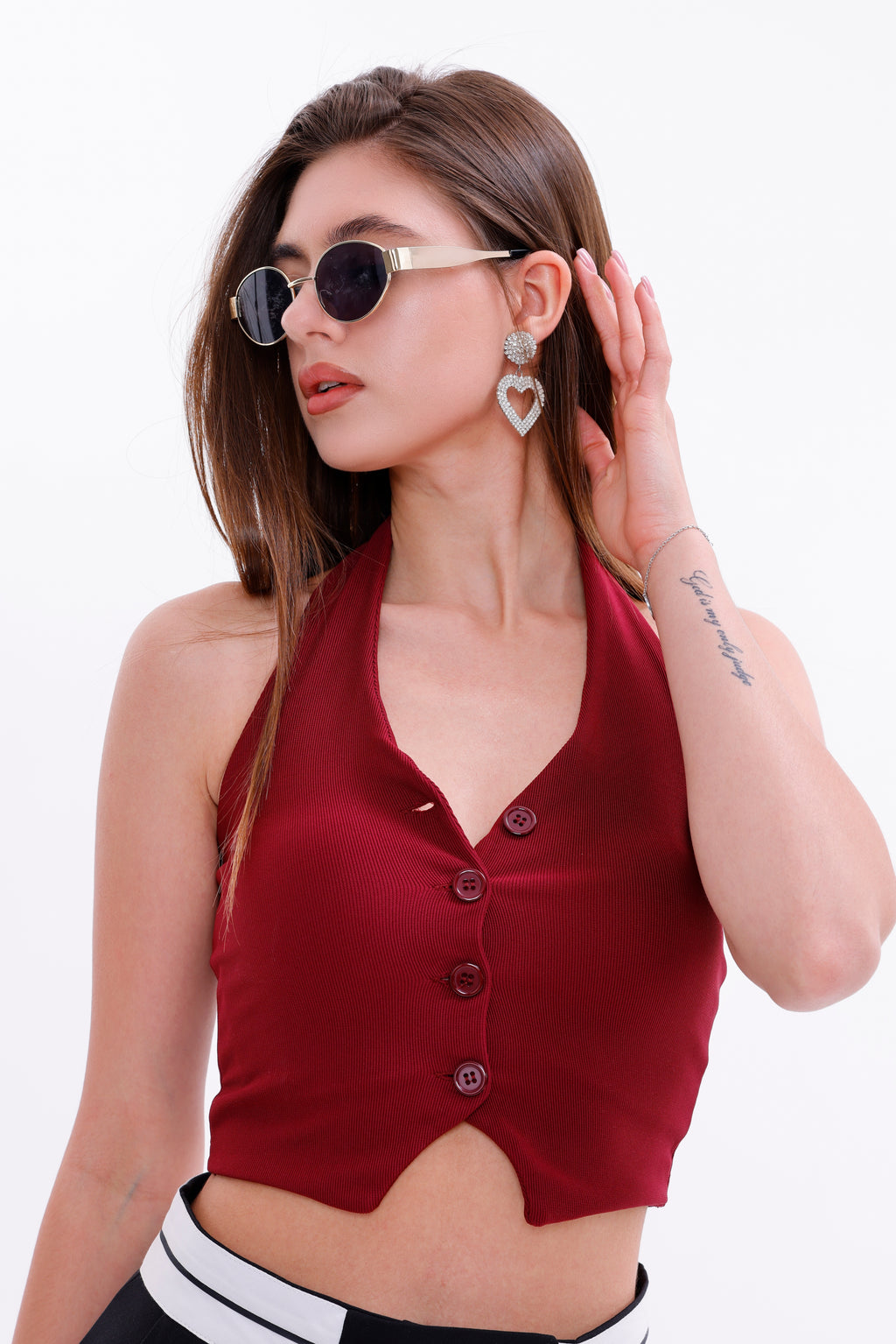 Boyundan Askılı Bordo Crop Yelek