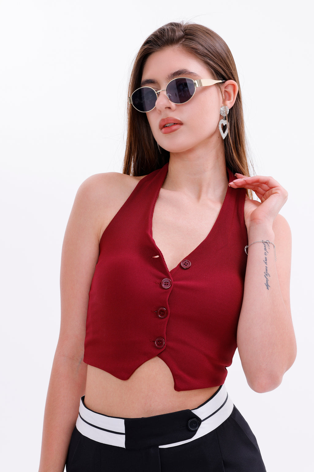 Boyundan Askılı Bordo Crop Yelek