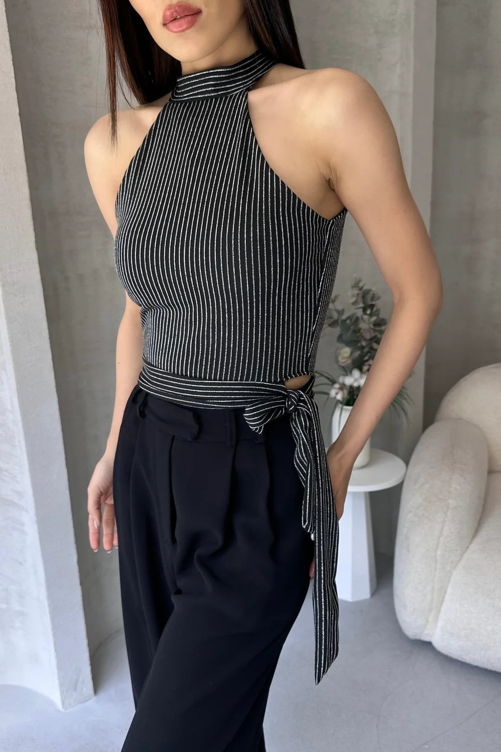 Çizgili Beli Kuşak Detaylı Halter Bluz - DF2192