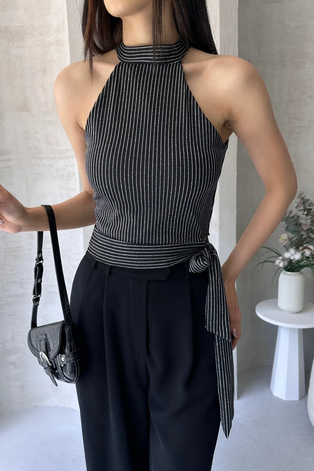 Çizgili Beli Kuşak Detaylı Halter Bluz - DF2192