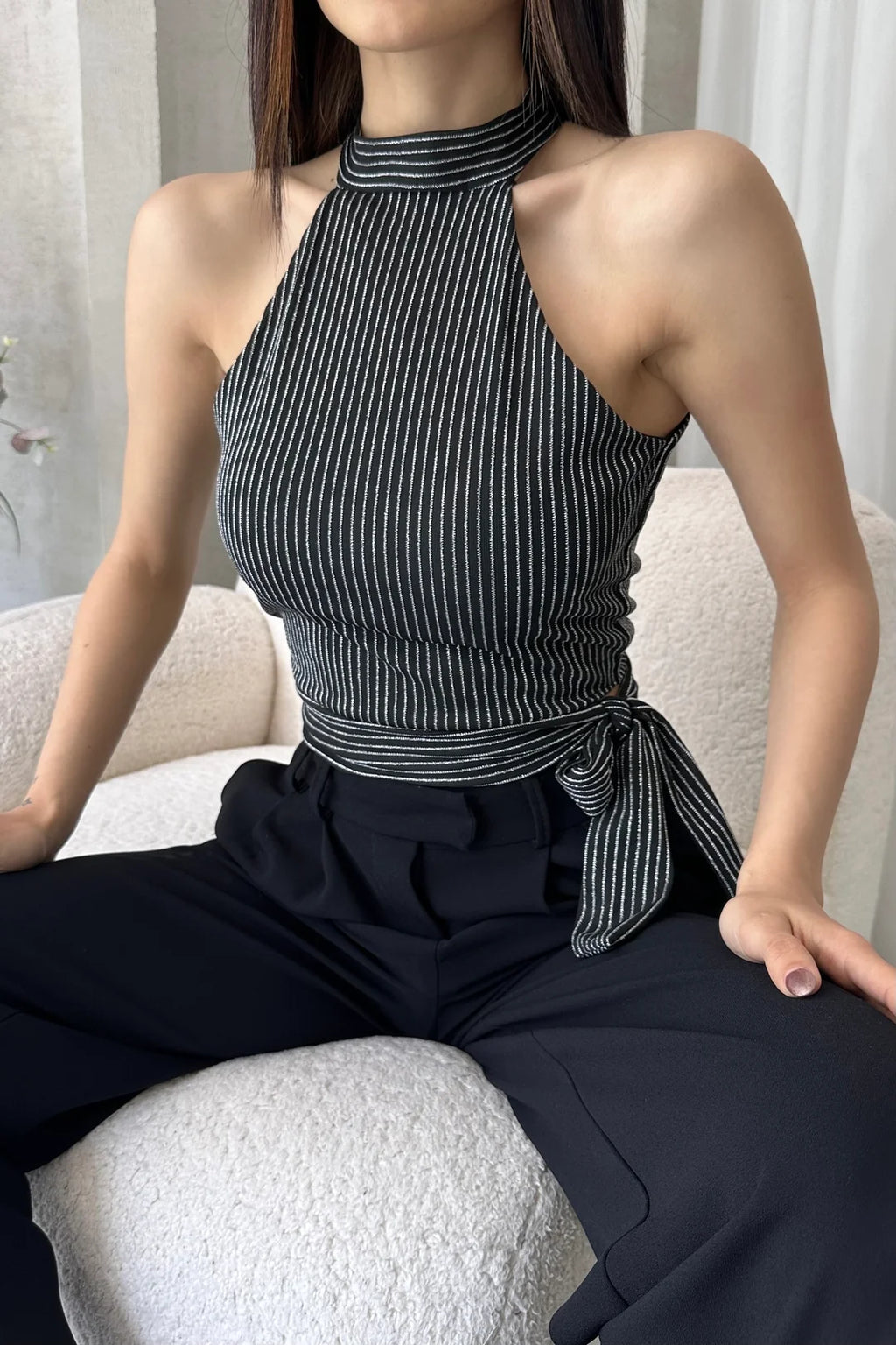 Çizgili Beli Kuşak Detaylı Halter Bluz - DF2192