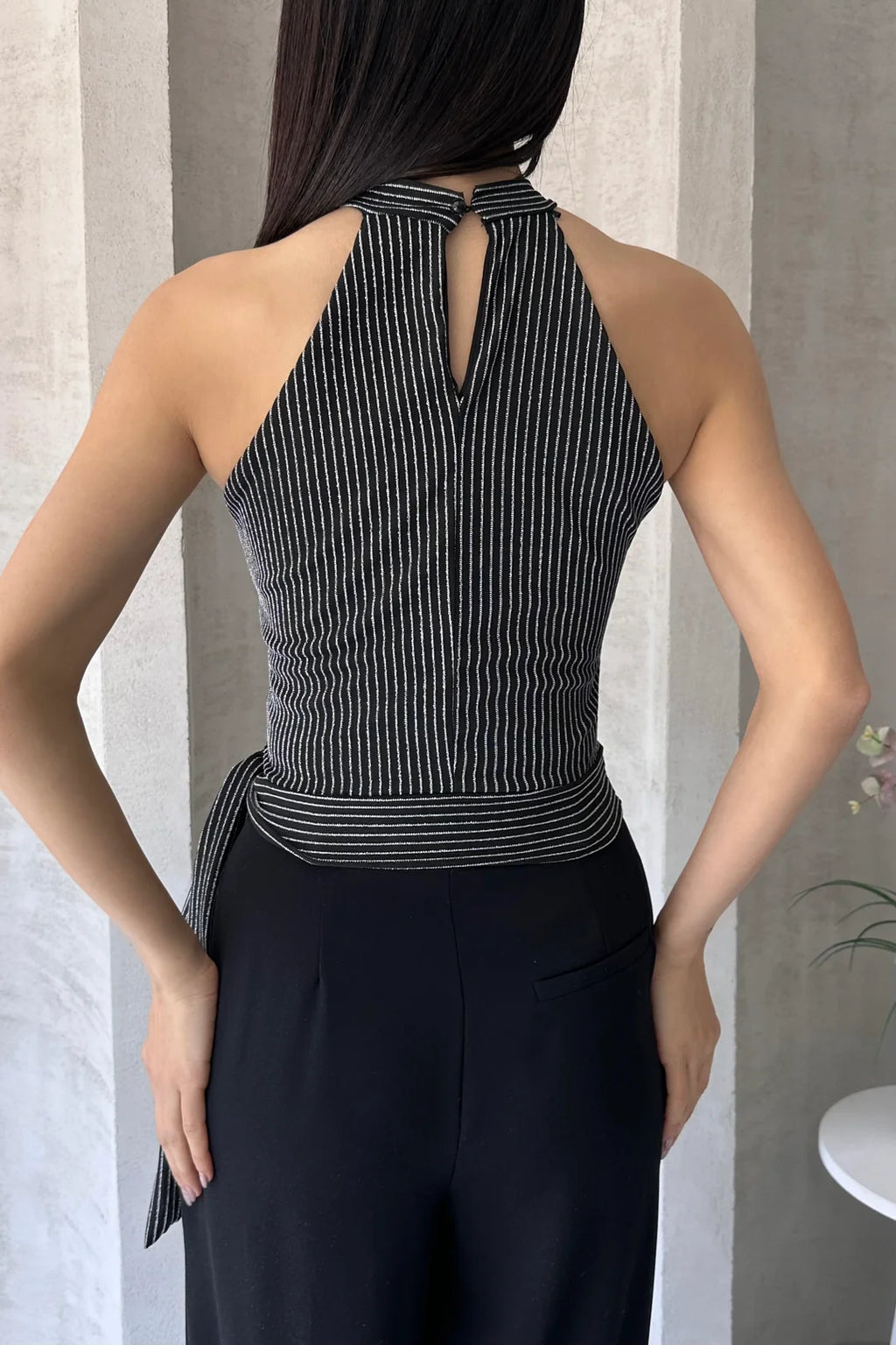 Çizgili Beli Kuşak Detaylı Halter Bluz - DF2192