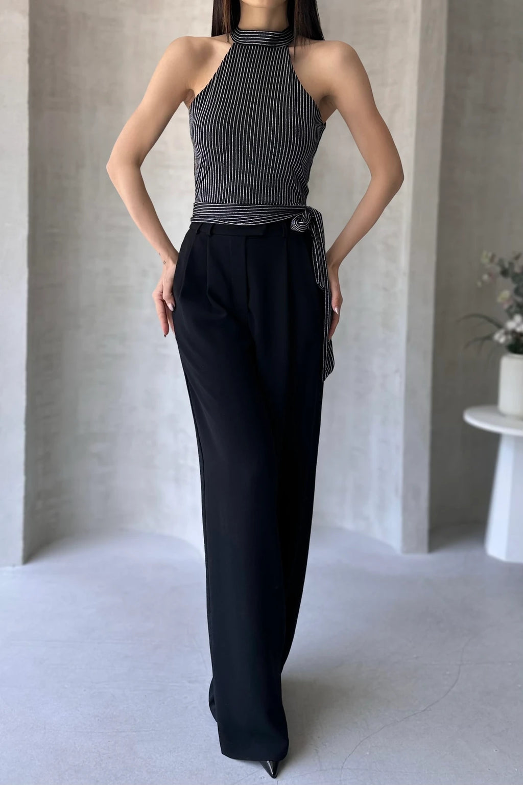 Çizgili Beli Kuşak Detaylı Halter Bluz - DF2192