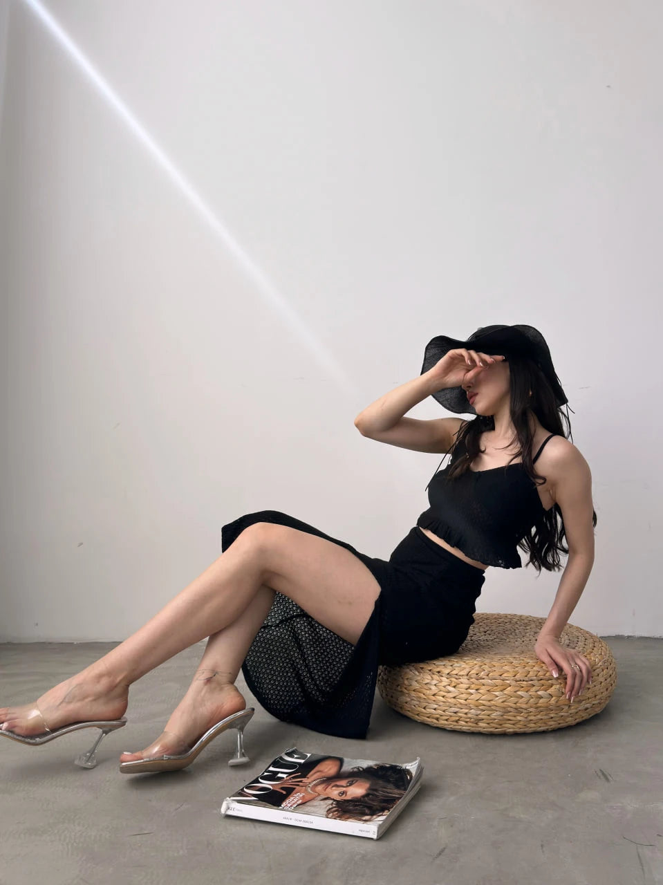 Fırfır Detaylı Crop Bluz Ve Etek Triko İkili Takım Siyah - DF1082