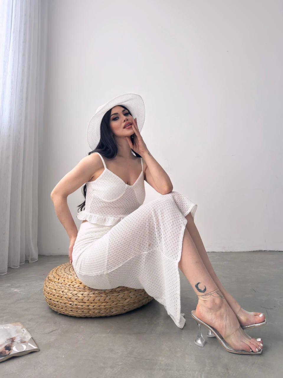 Fırfır Detaylı Crop Bluz Ve Etek Triko İkili Takım Beyaz - DF1082