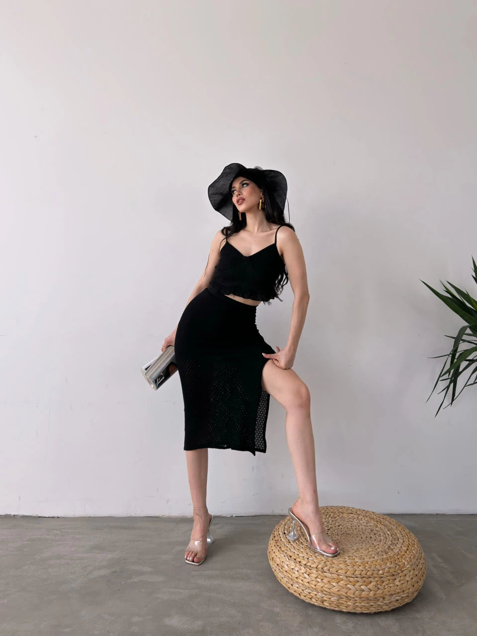 Fırfır Detaylı Crop Bluz Ve Etek Triko İkili Takım Siyah - DF1082