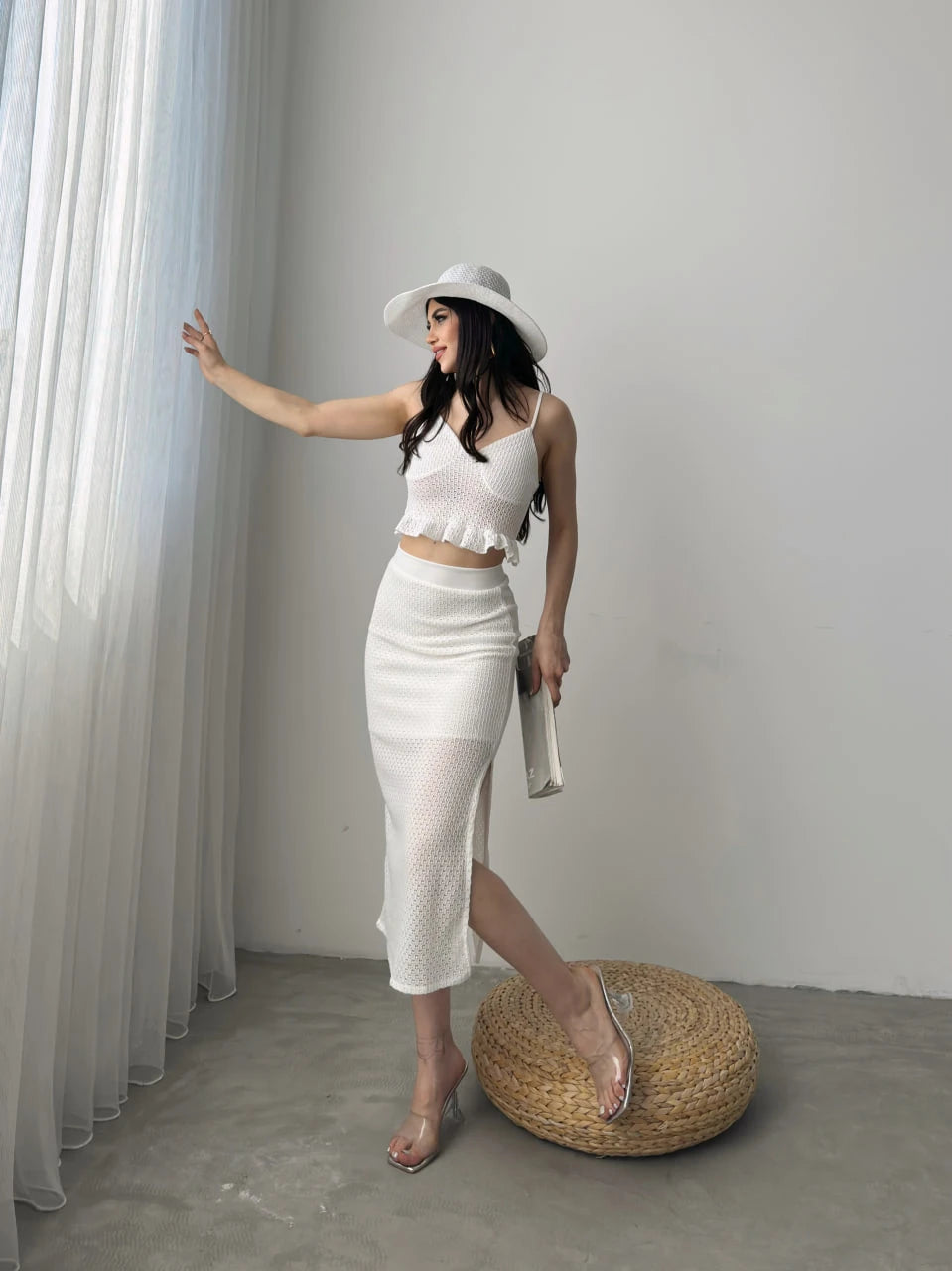 Fırfır Detaylı Crop Bluz Ve Etek Triko İkili Takım Beyaz - DF1082