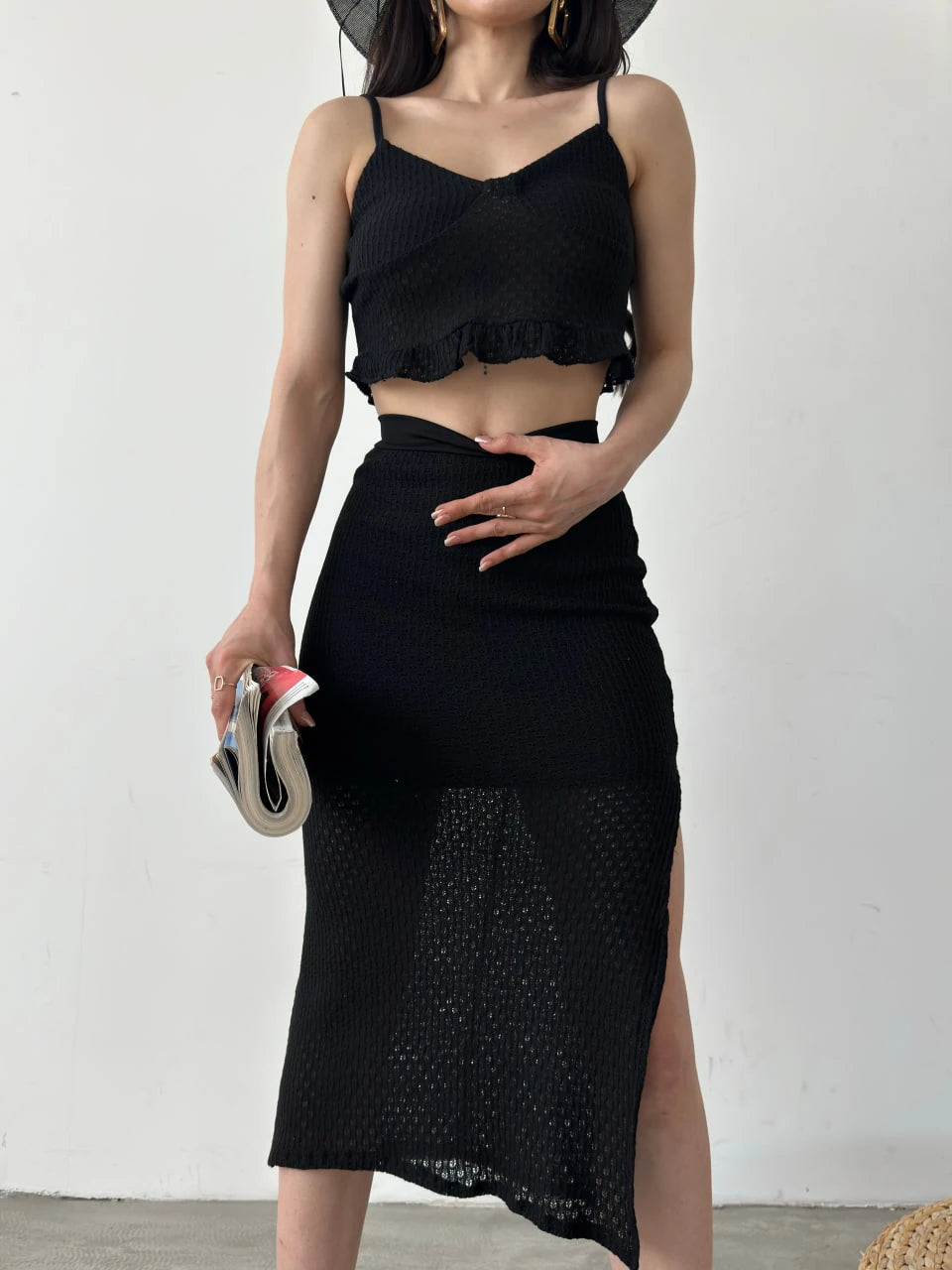 Fırfır Detaylı Crop Bluz Ve Etek Triko İkili Takım Siyah - DF1082